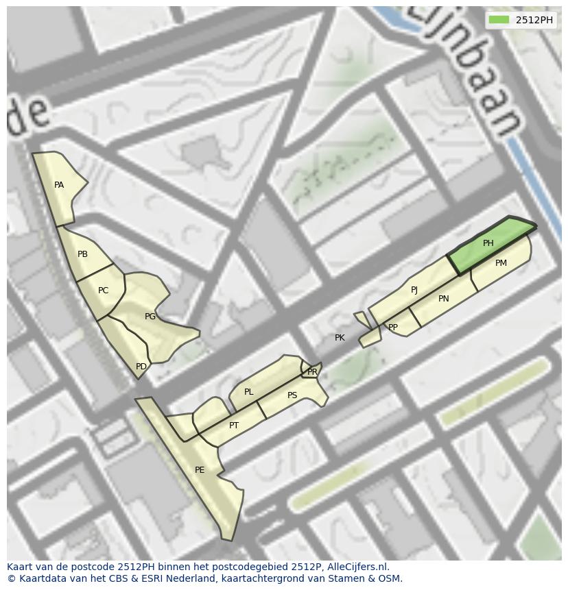 Afbeelding van het postcodegebied 2512 PH op de kaart.