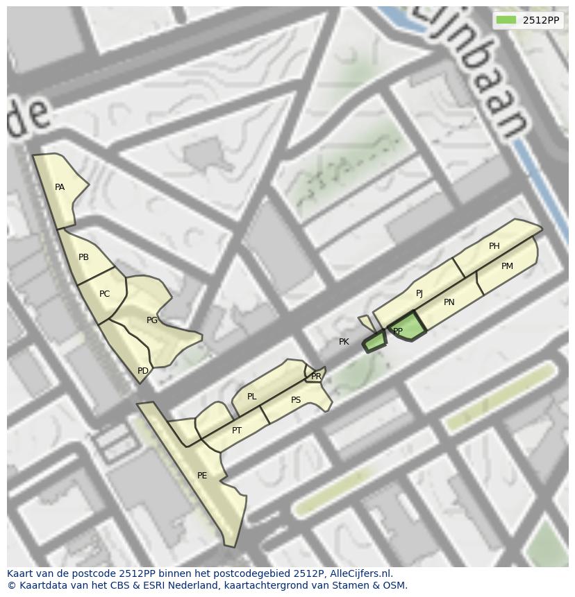 Afbeelding van het postcodegebied 2512 PP op de kaart.