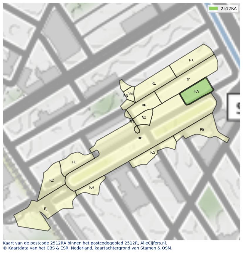 Afbeelding van het postcodegebied 2512 RA op de kaart.