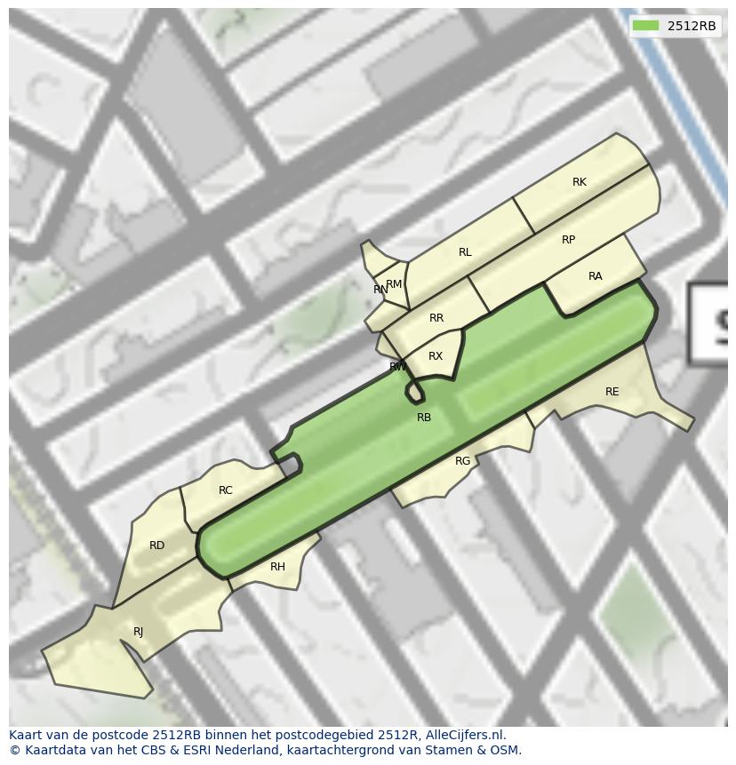 Afbeelding van het postcodegebied 2512 RB op de kaart.