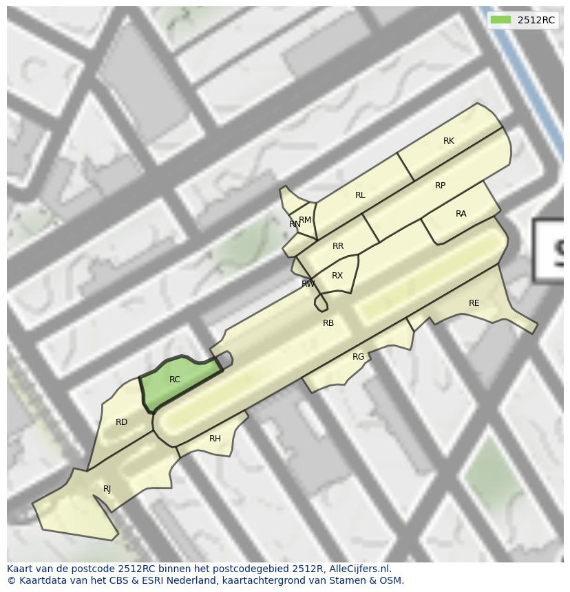 Afbeelding van het postcodegebied 2512 RC op de kaart.
