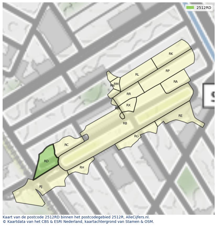 Afbeelding van het postcodegebied 2512 RD op de kaart.