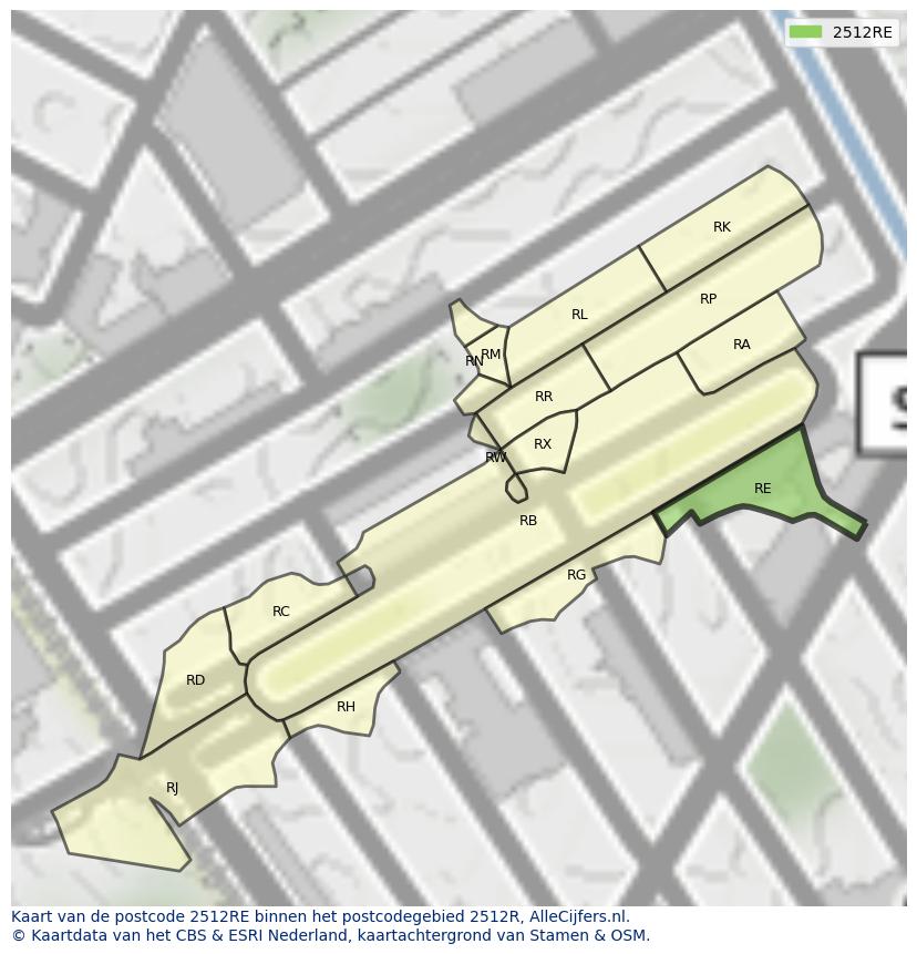 Afbeelding van het postcodegebied 2512 RE op de kaart.