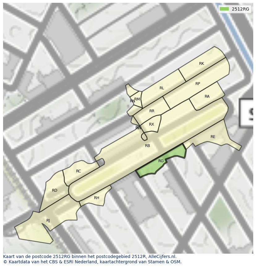 Afbeelding van het postcodegebied 2512 RG op de kaart.