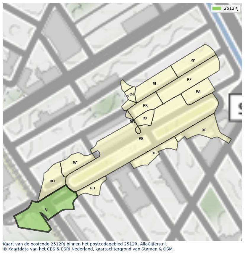 Afbeelding van het postcodegebied 2512 RJ op de kaart.