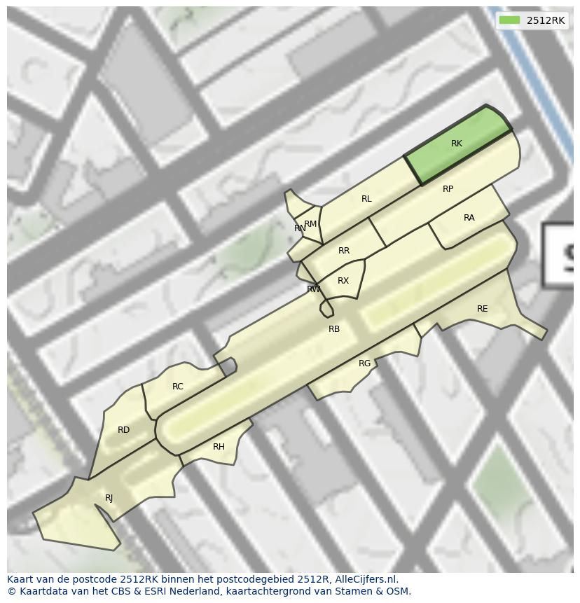 Afbeelding van het postcodegebied 2512 RK op de kaart.