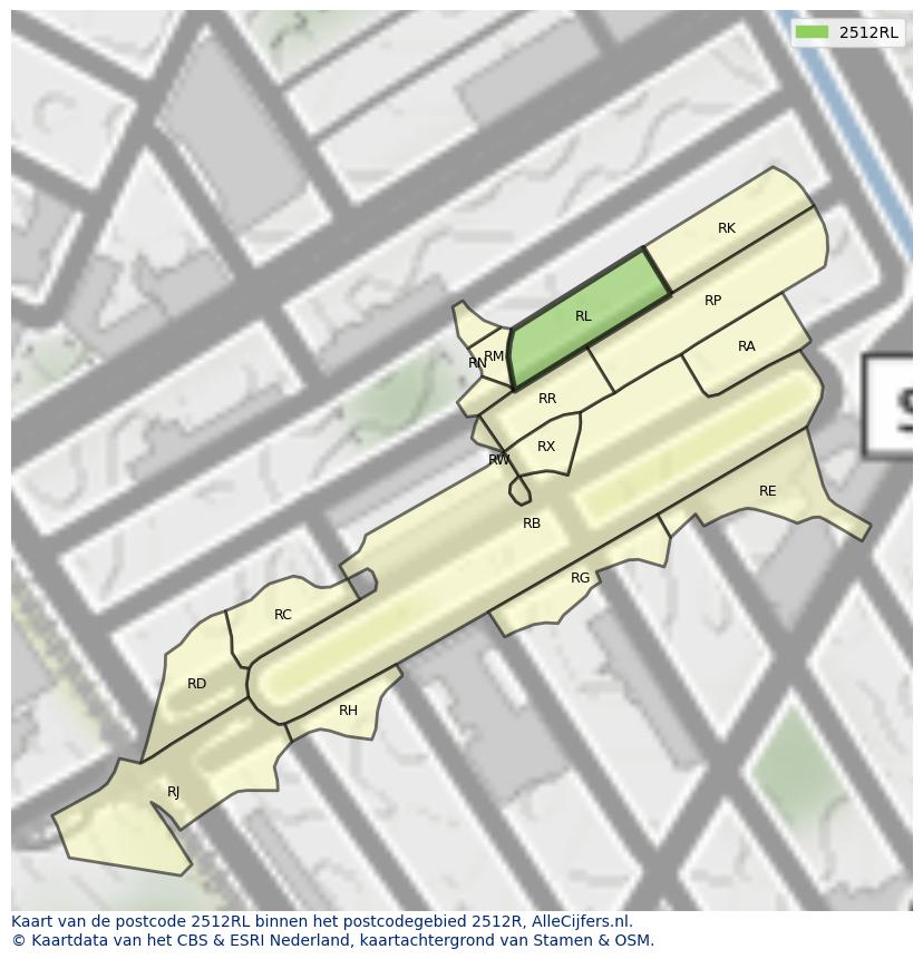 Afbeelding van het postcodegebied 2512 RL op de kaart.