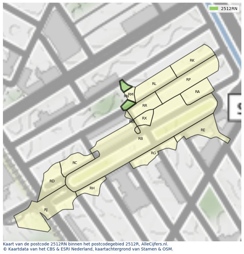 Afbeelding van het postcodegebied 2512 RN op de kaart.