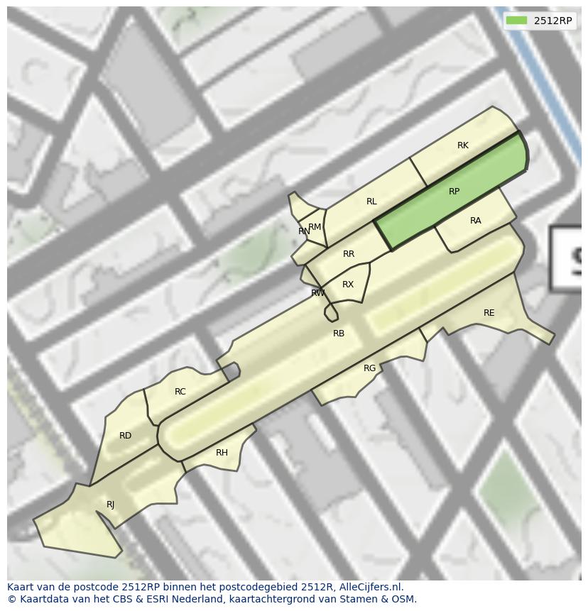 Afbeelding van het postcodegebied 2512 RP op de kaart.
