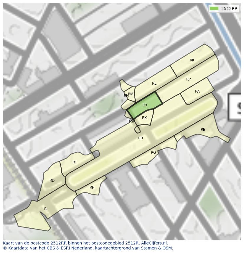 Afbeelding van het postcodegebied 2512 RR op de kaart.