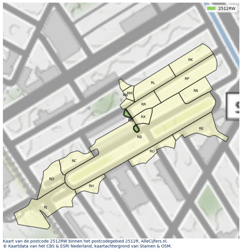 Afbeelding van het postcodegebied 2512 RW op de kaart.