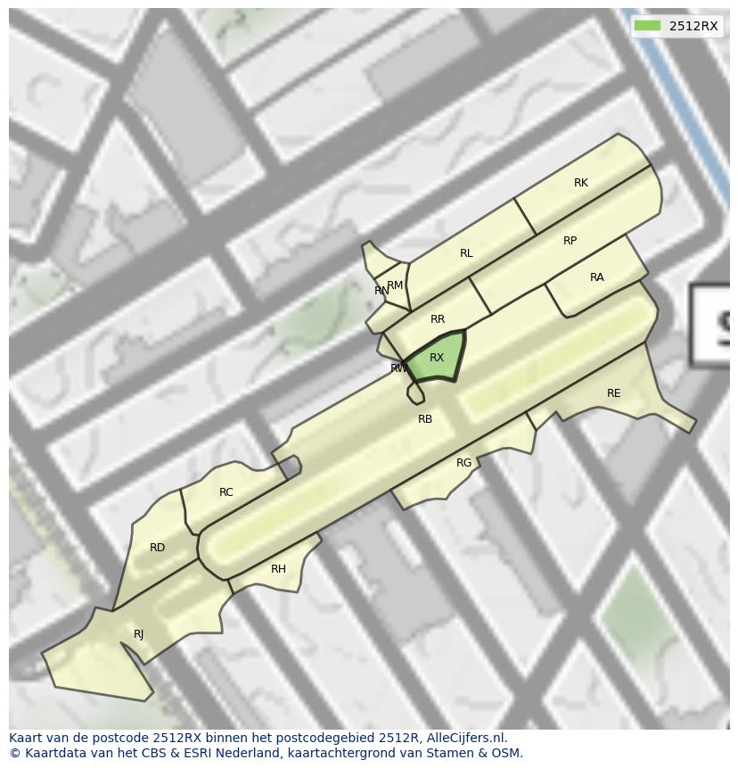 Afbeelding van het postcodegebied 2512 RX op de kaart.