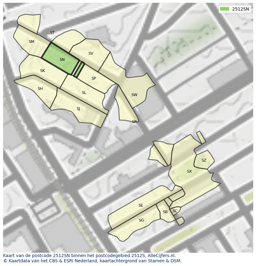 Afbeelding van het postcodegebied 2512 SN op de kaart.