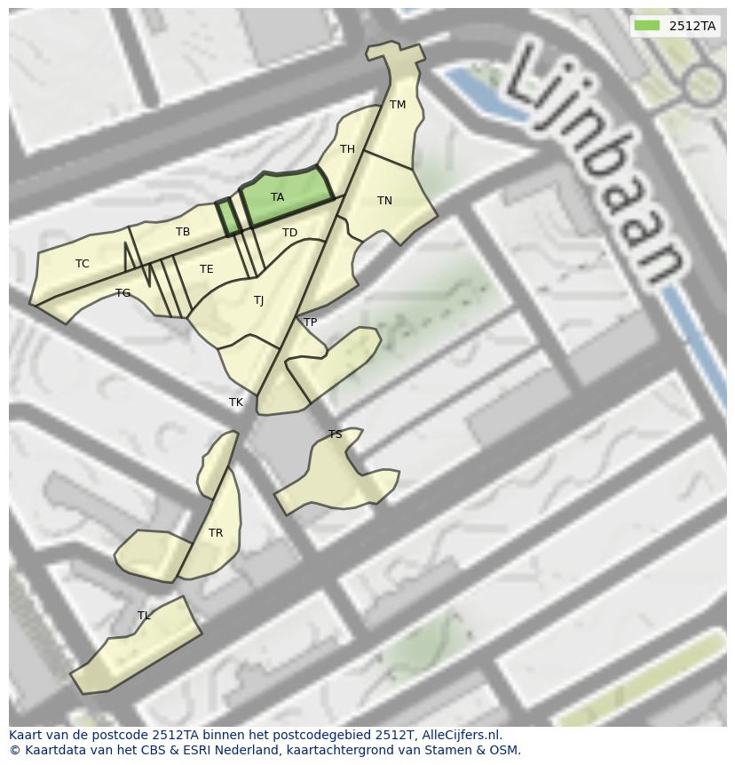 Afbeelding van het postcodegebied 2512 TA op de kaart.