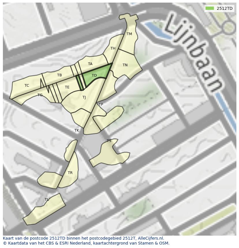 Afbeelding van het postcodegebied 2512 TD op de kaart.