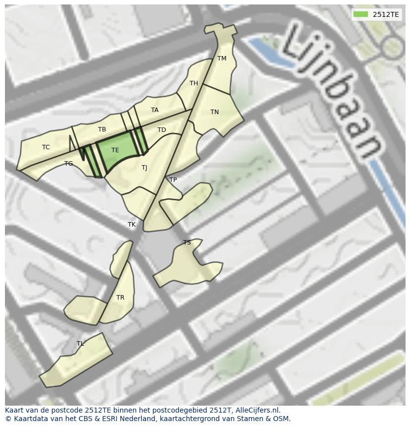 Afbeelding van het postcodegebied 2512 TE op de kaart.