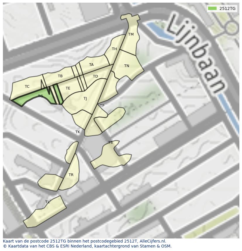 Afbeelding van het postcodegebied 2512 TG op de kaart.