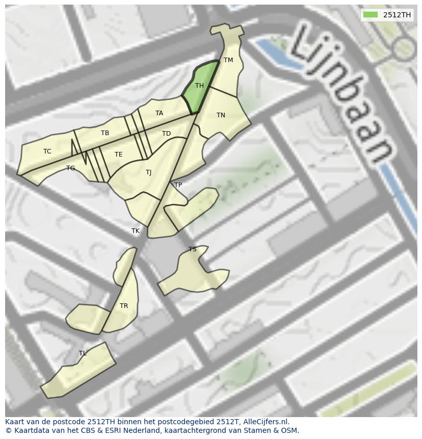 Afbeelding van het postcodegebied 2512 TH op de kaart.