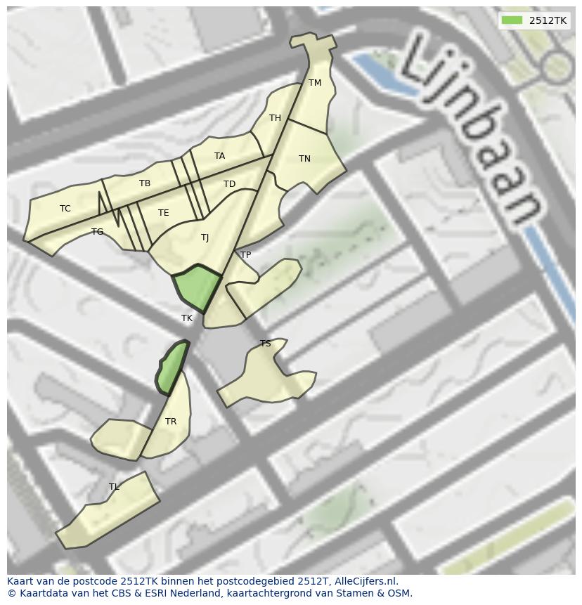 Afbeelding van het postcodegebied 2512 TK op de kaart.