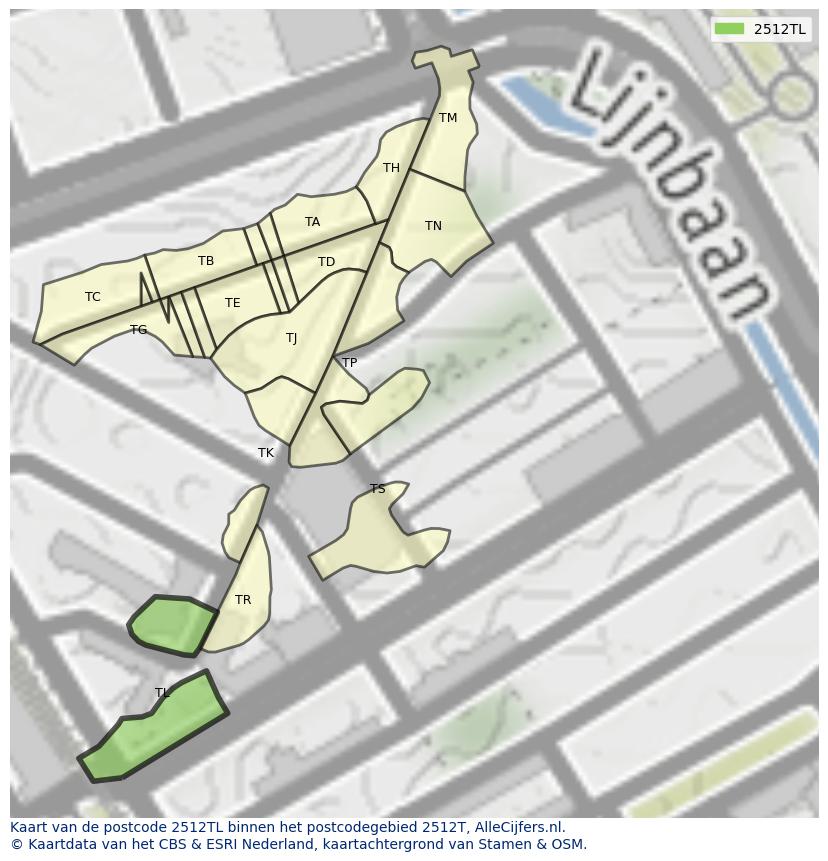 Afbeelding van het postcodegebied 2512 TL op de kaart.