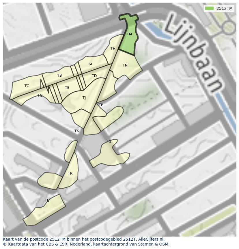 Afbeelding van het postcodegebied 2512 TM op de kaart.