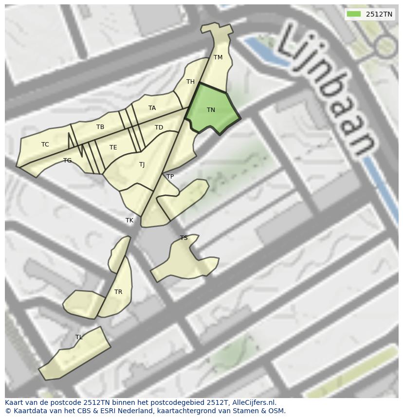 Afbeelding van het postcodegebied 2512 TN op de kaart.