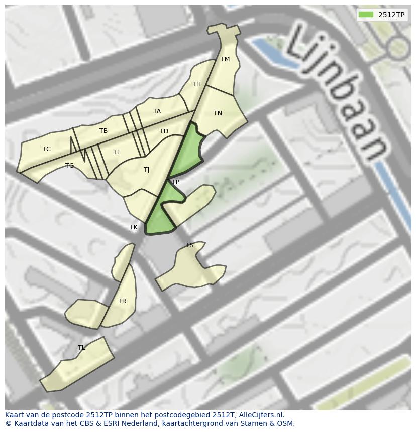 Afbeelding van het postcodegebied 2512 TP op de kaart.