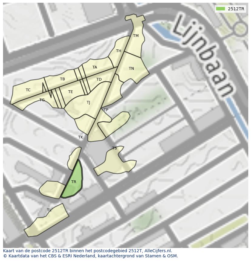 Afbeelding van het postcodegebied 2512 TR op de kaart.