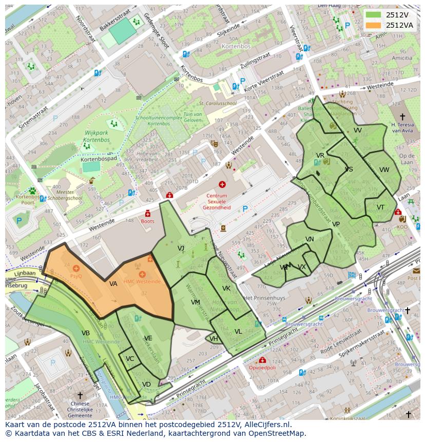 Afbeelding van het postcodegebied 2512 VA op de kaart.