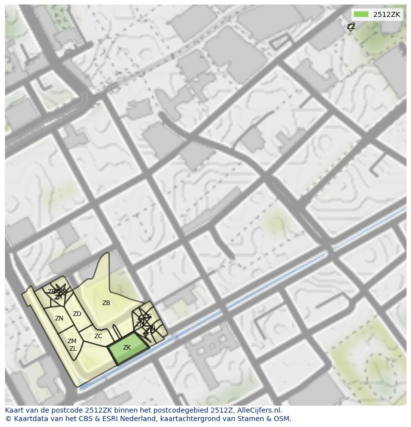 Afbeelding van het postcodegebied 2512 ZK op de kaart.