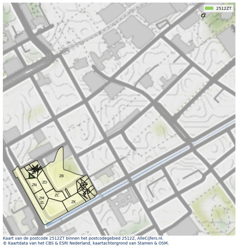 Afbeelding van het postcodegebied 2512 ZT op de kaart.