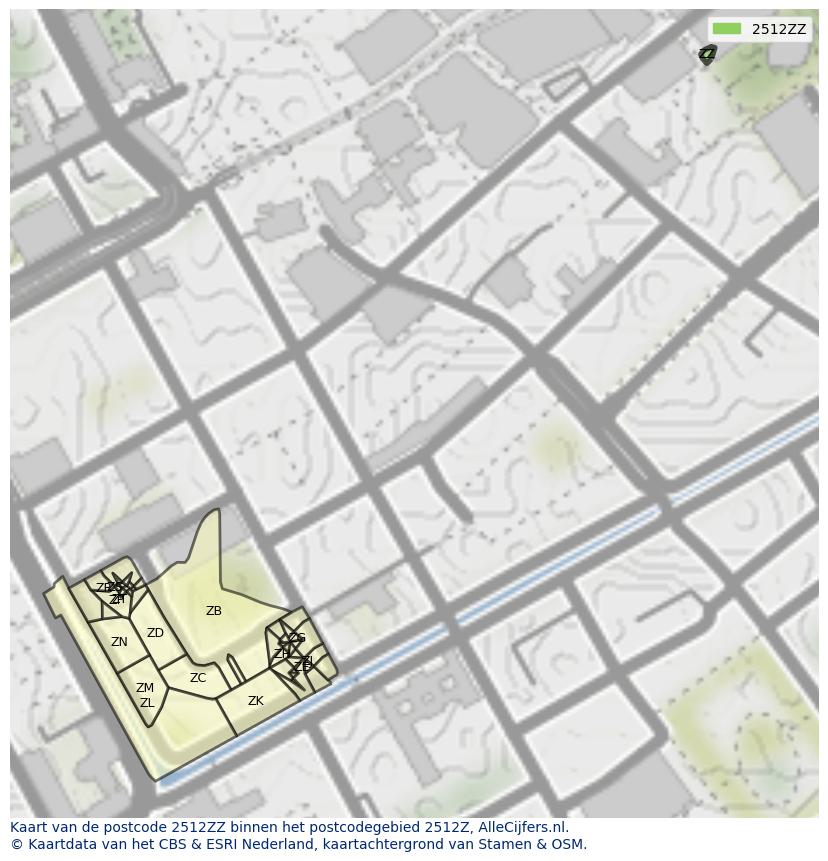 Afbeelding van het postcodegebied 2512 ZZ op de kaart.