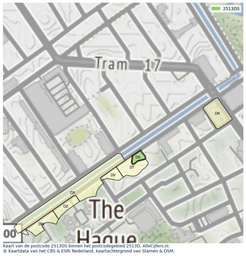 Afbeelding van het postcodegebied 2513 DS op de kaart.