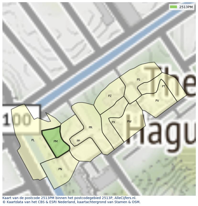 Afbeelding van het postcodegebied 2513 PM op de kaart.