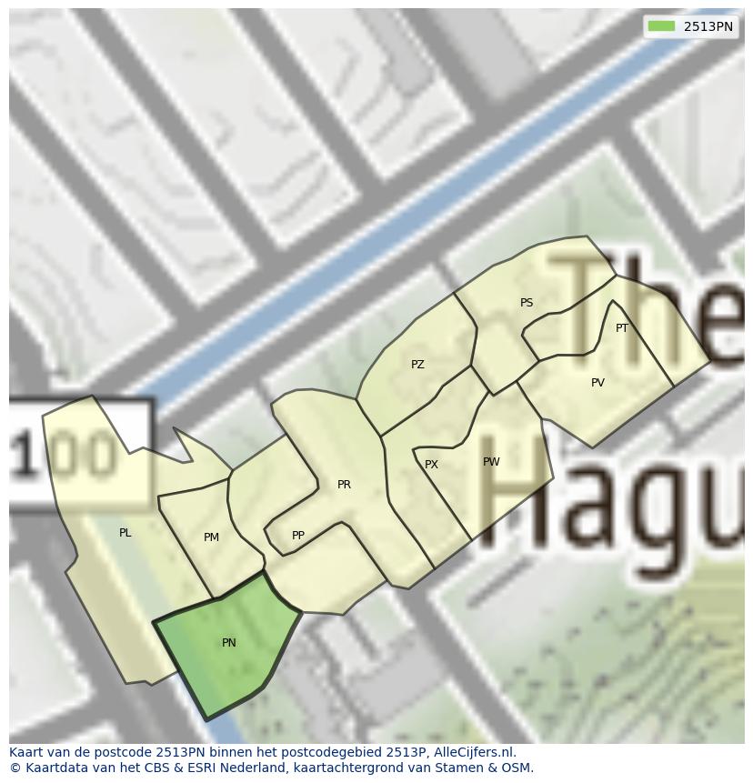 Afbeelding van het postcodegebied 2513 PN op de kaart.
