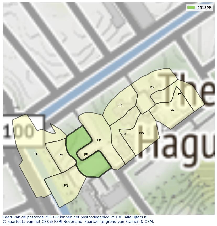 Afbeelding van het postcodegebied 2513 PP op de kaart.