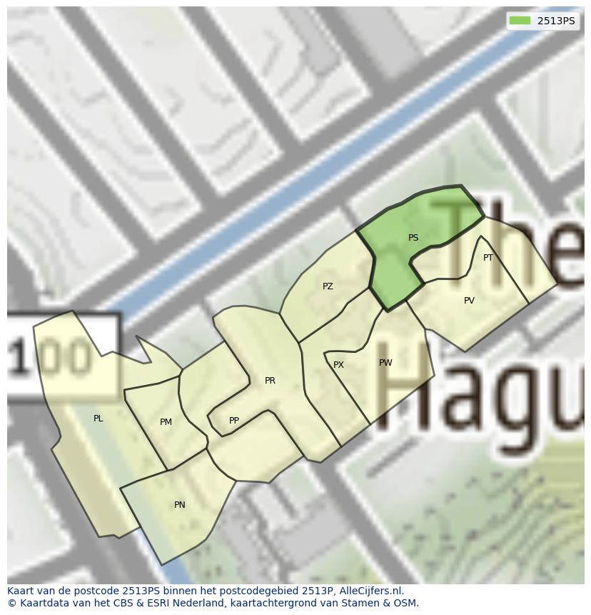 Afbeelding van het postcodegebied 2513 PS op de kaart.