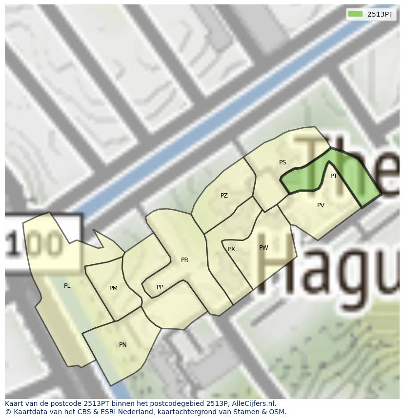 Afbeelding van het postcodegebied 2513 PT op de kaart.