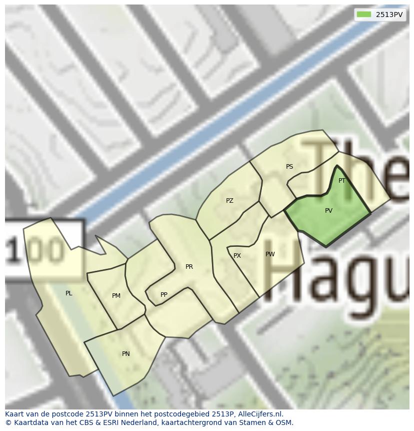 Afbeelding van het postcodegebied 2513 PV op de kaart.