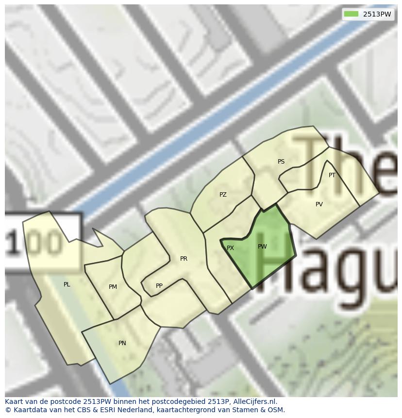 Afbeelding van het postcodegebied 2513 PW op de kaart.