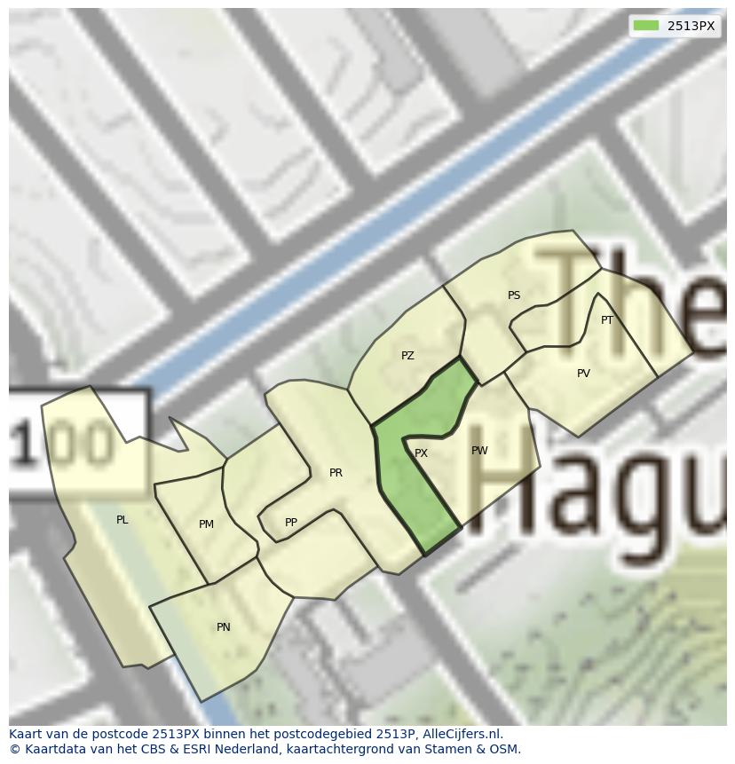 Afbeelding van het postcodegebied 2513 PX op de kaart.