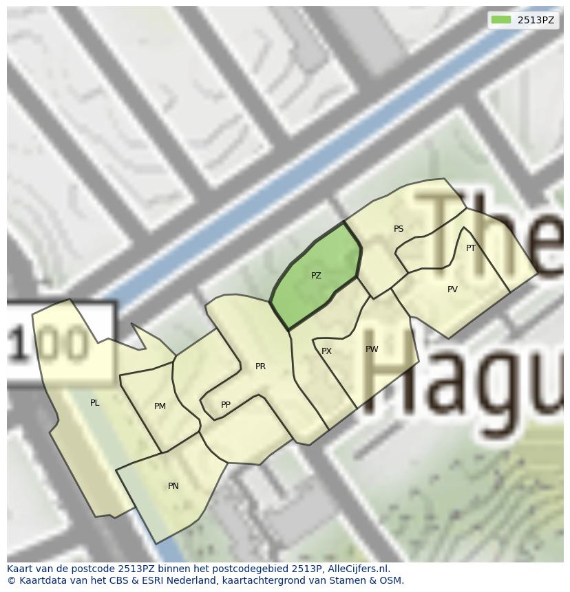 Afbeelding van het postcodegebied 2513 PZ op de kaart.