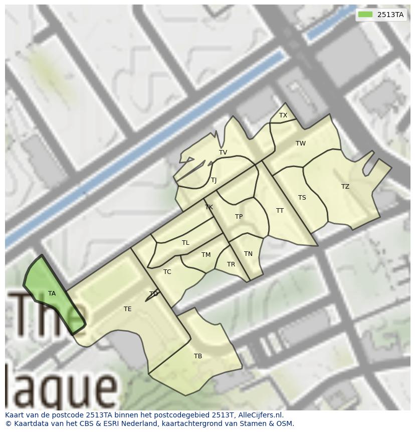 Afbeelding van het postcodegebied 2513 TA op de kaart.