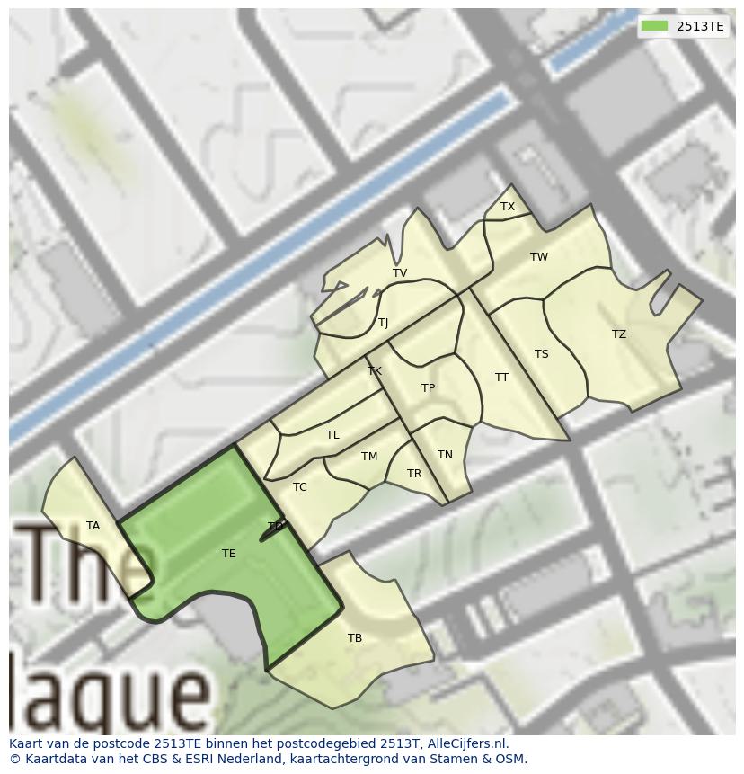 Afbeelding van het postcodegebied 2513 TE op de kaart.