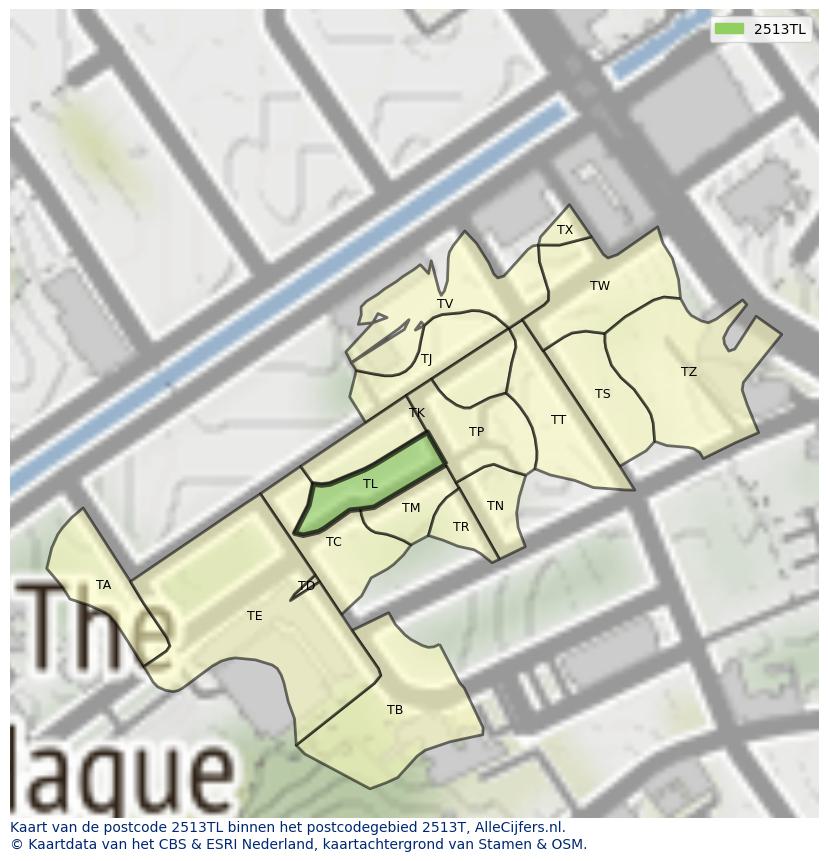 Afbeelding van het postcodegebied 2513 TL op de kaart.