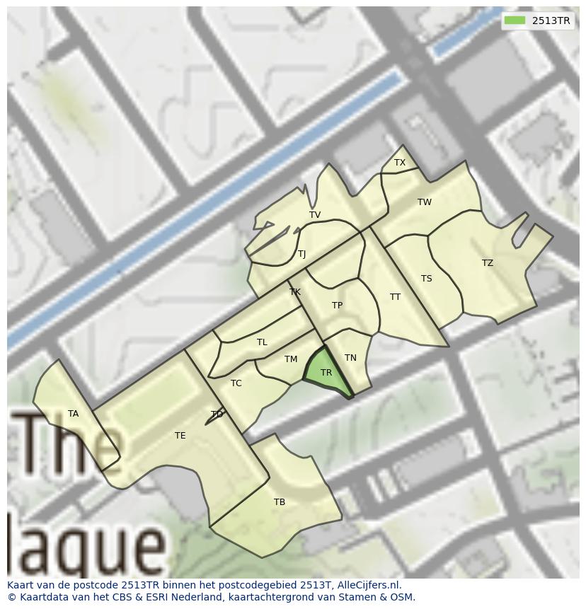 Afbeelding van het postcodegebied 2513 TR op de kaart.