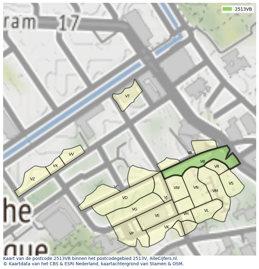 Afbeelding van het postcodegebied 2513 VB op de kaart.