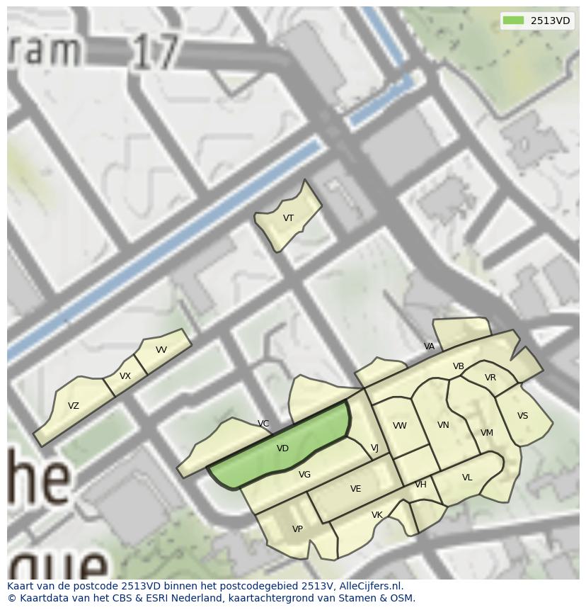 Afbeelding van het postcodegebied 2513 VD op de kaart.