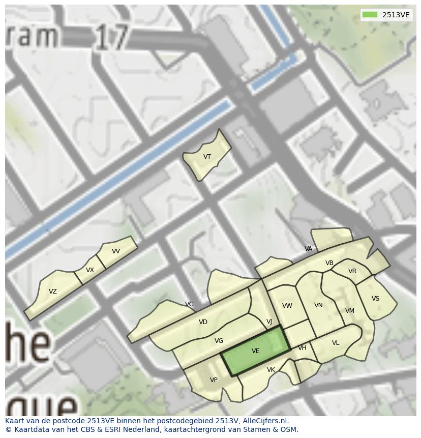 Afbeelding van het postcodegebied 2513 VE op de kaart.