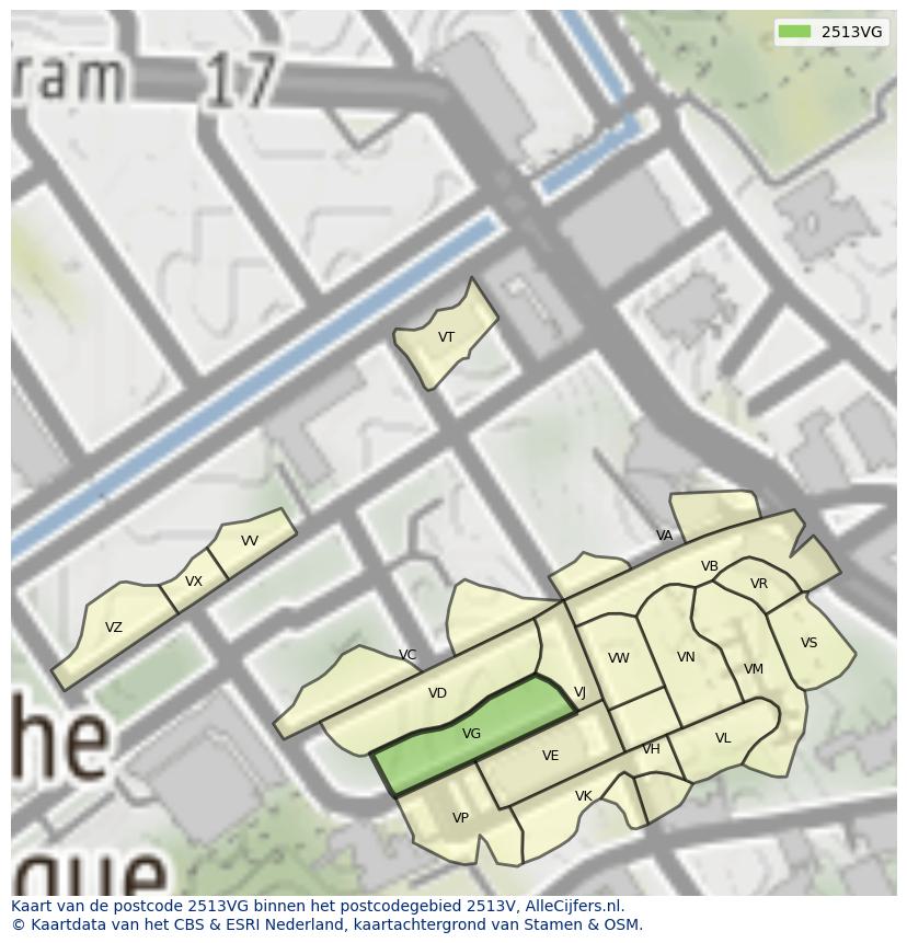 Afbeelding van het postcodegebied 2513 VG op de kaart.